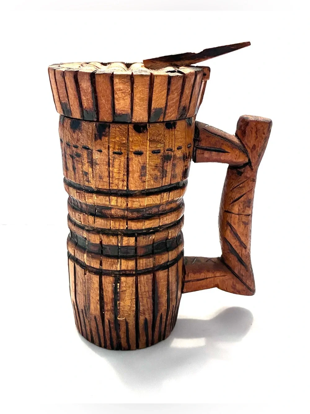 Vintage (1975) handmade, rustic wooden beer tankard